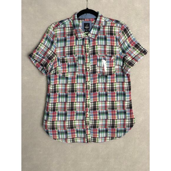 Nautica Jeans Women's Medium Patchwork Plaid Cotton Shirt NEW - Picture 1 of 7